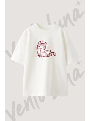 Kawaii Kedi_3 Tasarım Baskılı Unisex Oversize Kalıp Beyaz Tshirt