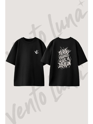 Fire Dragon Tasarım Sırt Baskılı Pamuk Siyah Oversize T-Shirt