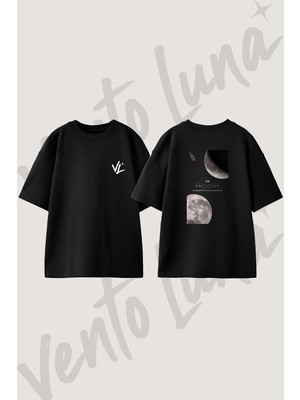 Ay Komet Tasarım Sırt Baskılı Pamuk Siyah Oversize T-Shirt