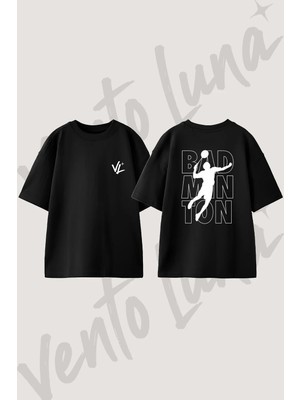 Badminton Tasarım Sırt Baskılı Pamuk Siyah Oversize T-Shirt