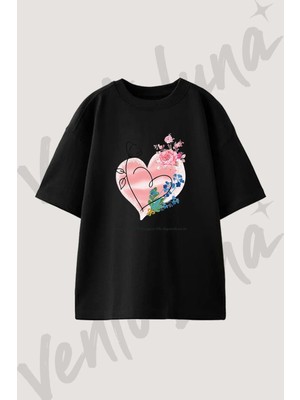 Kalp Cicek Tasarım Baskılı Unisex Oversize Kalıp Siyah Tshirt