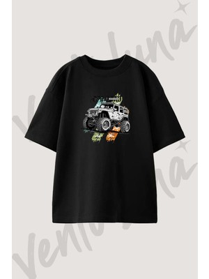 Off Road Arac Tasarım Baskılı Unisex Oversize Kalıp Siyah Tshirt