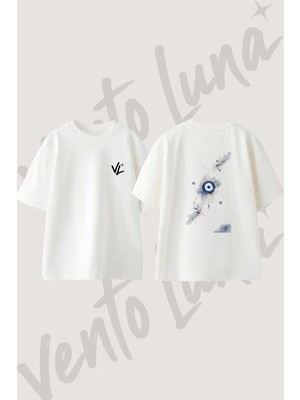 Evil Eye_1 Tasarım Sırt Baskılı Pamuk Beyaz Oversize T-Shirt