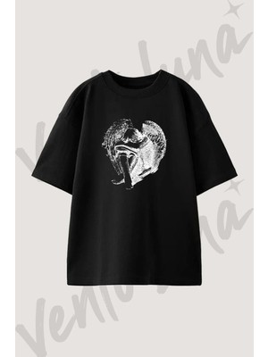 Aglayan Melek Tasarım Baskılı Unisex Oversize Kalıp Siyah Tshirt