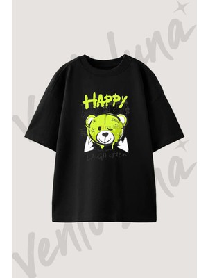 Neon Graffiti Bear Tasarım Baskılı Unisex Oversize Kalıp Siyah Tshirt
