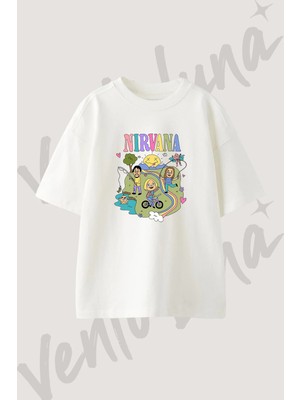 Nirvana Band Tasarım Baskılı Unisex Oversize Kalıp Beyaz Tshirt