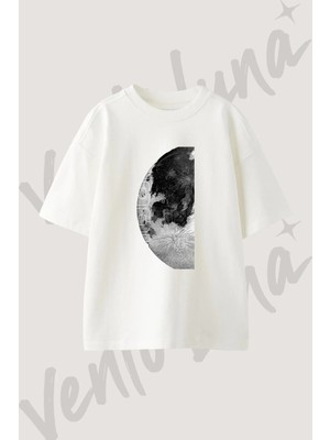 Moon Tasarım Baskılı Unisex Oversize Kalıp Beyaz Tshirt