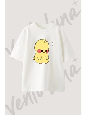 Cute Chick Tasarım Baskılı Unisex Oversize Kalıp Beyaz Tshirt