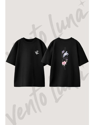 Deniz Kaplumbaga Cicek Tasarım Sırt Baskılı Pamuk Siyah Oversize T-Shirt