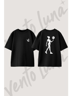 Basketbol Kadin Tasarım Sırt Baskılı Pamuk Siyah Oversize T-Shirt