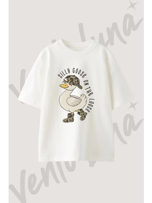Kamufle Kaz Tasarım Baskılı Unisex Oversize Kalıp Beyaz Tshirt