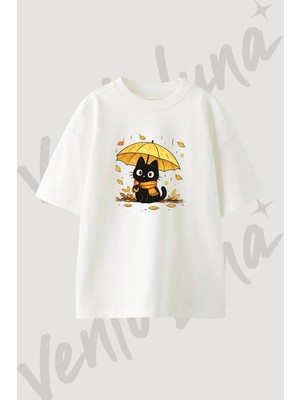 Kara Kedi Semsiye Tasarım Baskılı Unisex Oversize Kalıp Beyaz Tshirt