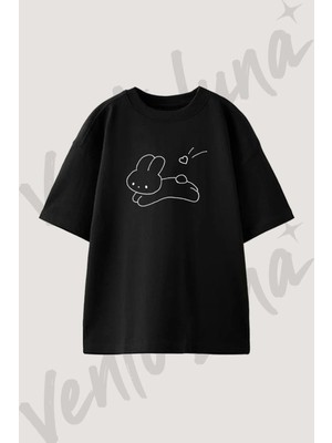 Heart Rabbit Tasarım Baskılı Unisex Oversize Kalıp Siyah Tshirt