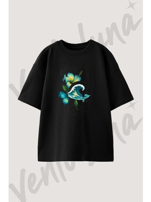 Hibiscus Wave Geometry Tasarım Baskılı Unisex Oversize Kalıp Siyah Tshirt