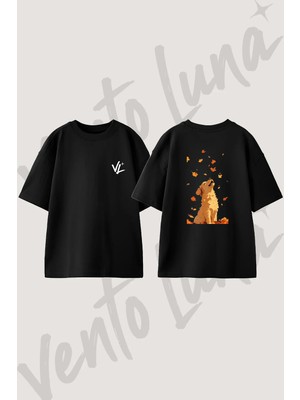 Golden Retriever Autumn Tasarım Sırt Baskılı Pamuk Siyah Oversize T-Shirt