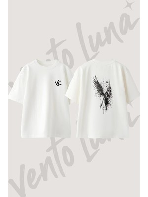 Gothic Angel Tasarım Sırt Baskılı Pamuk Beyaz Oversize T-Shirt