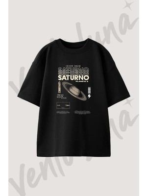 Saturn Planet_3 Tasarım Baskılı Unisex Oversize Kalıp Siyah Tshirt