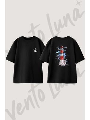 Fener Suluboya Tasarım Sırt Baskılı Pamuk Siyah Oversize T-Shirt