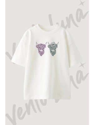 Highland Cow Tasarım Baskılı Unisex Oversize Kalıp Beyaz Tshirt