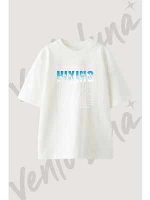 Hiking Mountain Tasarım Baskılı Unisex Oversize Kalıp Beyaz Tshirt