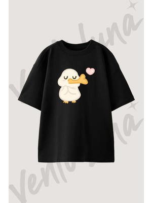 Cute Duck Tasarım Baskılı Unisex Oversize Kalıp Siyah Tshirt