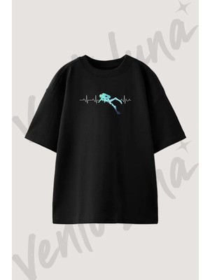 Scuba Diver Heartbeat Tasarım Baskılı Unisex Oversize Kalıp Siyah Tshirt