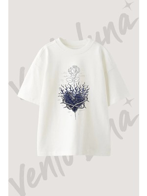 Alevli Kalp Gul Tasarım Baskılı Unisex Oversize Kalıp Beyaz Tshirt