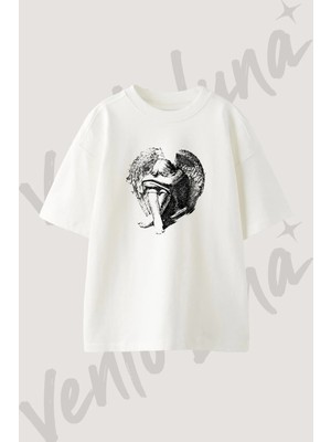 Aglayan Melek Tasarım Baskılı Unisex Oversize Kalıp Beyaz Tshirt
