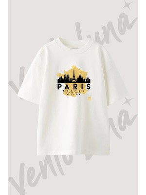 Paris Fransa Tasarım Baskılı Unisex Oversize Kalıp Beyaz Tshirt