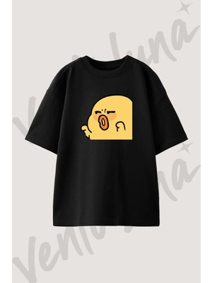 Angry Chick Tasarım Baskılı Unisex Oversize Kalıp Siyah Tshirt