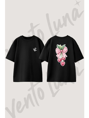 Heart Cherry Bow Tasarım Sırt Baskılı Pamuk Siyah Oversize T-Shirt