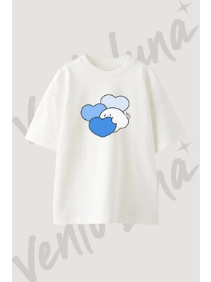 Kalpler Karakter Tasarım Baskılı Unisex Oversize Kalıp Beyaz Tshirt