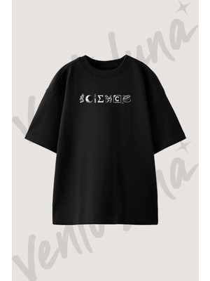 Science Tasarım Baskılı Unisex Oversize Kalıp Siyah Tshirt