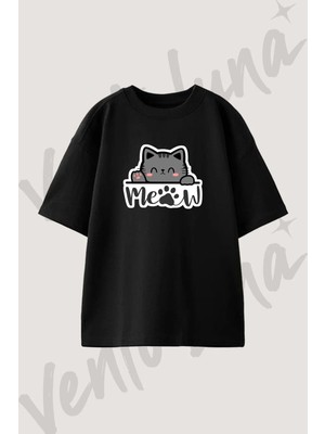 Cute Cat Tasarım Baskılı Unisex Oversize Kalıp Siyah Tshirt
