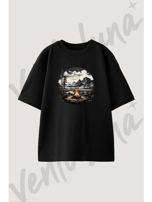 Ates Gol Dag Tasarım Baskılı Unisex Oversize Kalıp Siyah Tshirt