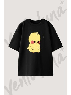 Cute Chick Tasarım Baskılı Unisex Oversize Kalıp Siyah Tshirt