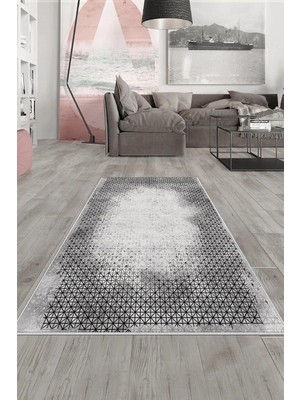 Belirtilmemiş Pelangi Gri Eskitme Geometrik Desen Yıkanabilir Kaymaz Taban Tutmaz Salon Halısı Yol