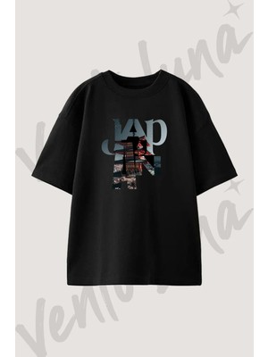 Japon Pagoda Tasarım Baskılı Unisex Oversize Kalıp Siyah Tshirt