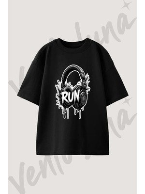 Headphones Run Tasarım Baskılı Unisex Oversize Kalıp Siyah Tshirt