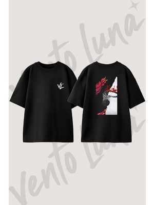 Basketball Fire Tasarım Sırt Baskılı Pamuk Siyah Oversize T-Shirt