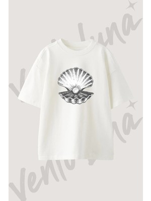 Seashell Pearl Tasarım Baskılı Unisex Oversize Kalıp Beyaz Tshirt