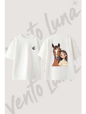 Anime Kiz At Tasarım Sırt Baskılı Pamuk Beyaz Oversize T-Shirt