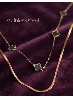 Stainless Steel 316L Çelik Zincir Gold Renk Italyan Zincirli Siyah Yonca Model Kolye