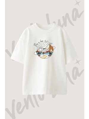 Hippie Van Tasarım Baskılı Unisex Oversize Kalıp Beyaz Tshirt