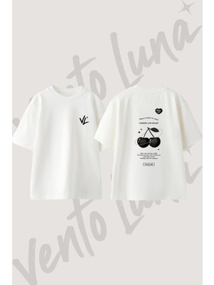 Black Cherry Heart Tasarım Sırt Baskılı Pamuk Beyaz Oversize T-Shirt