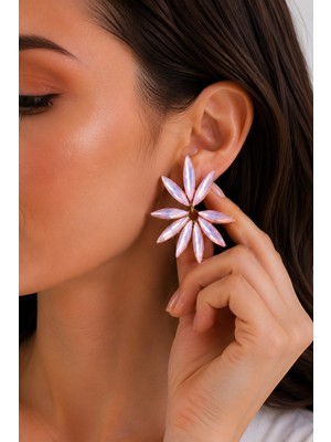 Solenya Pembe Renk Kristal Taşlı Lotus Model Kadın Küpe