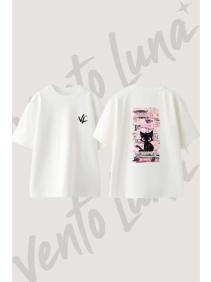 Anime Kedi_3 Tasarım Sırt Baskılı Pamuk Beyaz Oversize T-Shirt