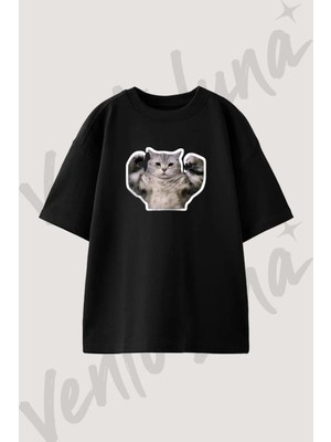 Muscle Cat Tasarım Baskılı Unisex Oversize Kalıp Siyah Tshirt