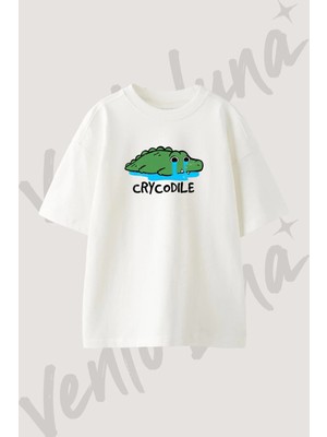 Crycodil Tasarım Baskılı Unisex Oversize Kalıp Beyaz Tshirt