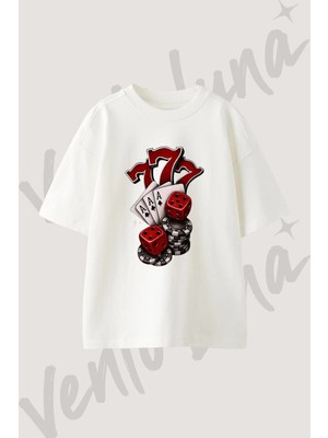 777 Poker Zar Tasarım Baskılı Unisex Oversize Kalıp Beyaz Tshirt